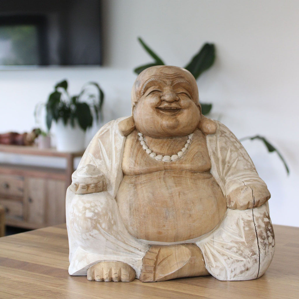 Hand Carved Happy Buddha Statue, Whitewash, 30cm – view 2