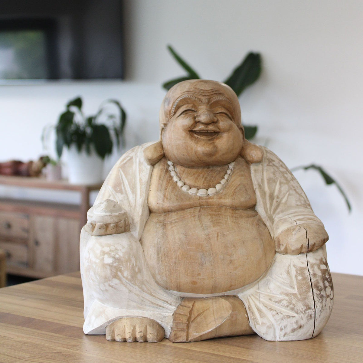 Hand Carved Happy Buddha Statue, Whitewash, 30cm – view 2