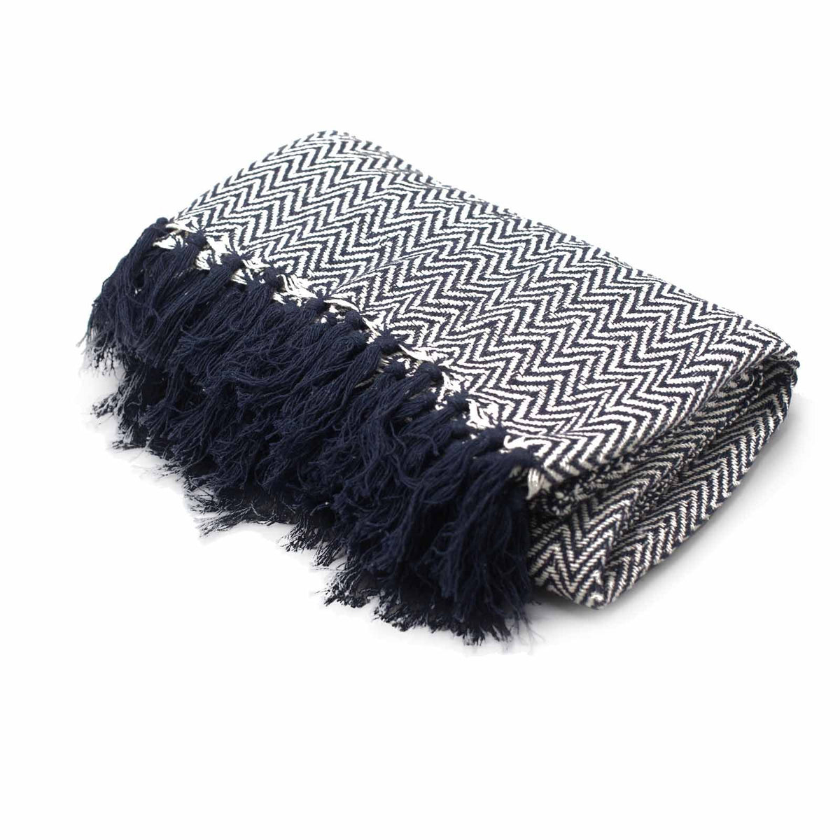 Navy Zigzag Cotton Throw with Tassels – 125 x 150 cm – view 4