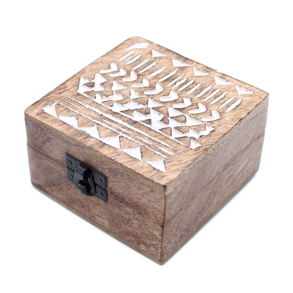 White Wash Mango Wood Box, Aztec Design, 10x10cm