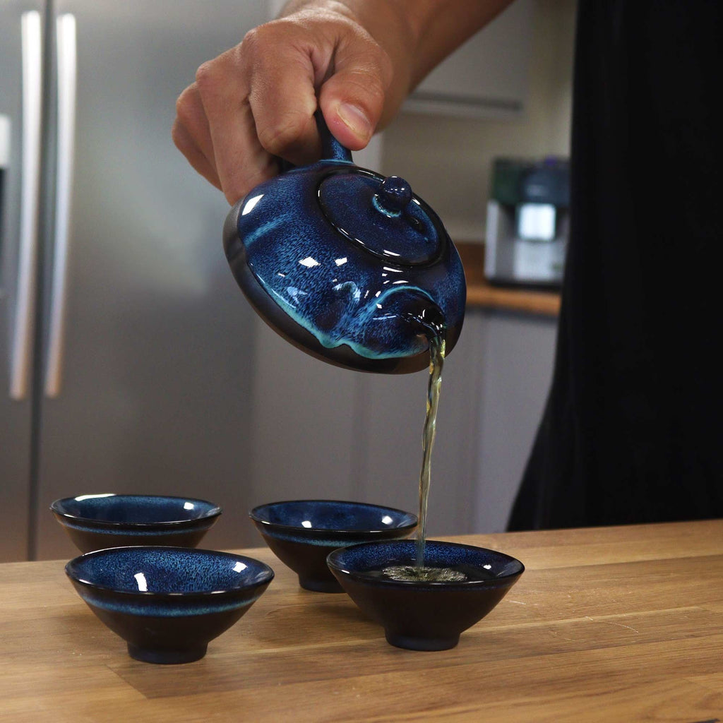 Blue Glaze Ceramic Teapot Set - Pot & Four Cups