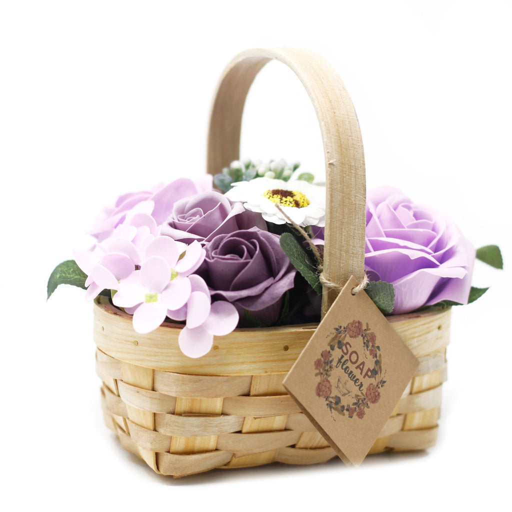 Medium Soap Flower Bouquet in Wicker Basket - Lilac
