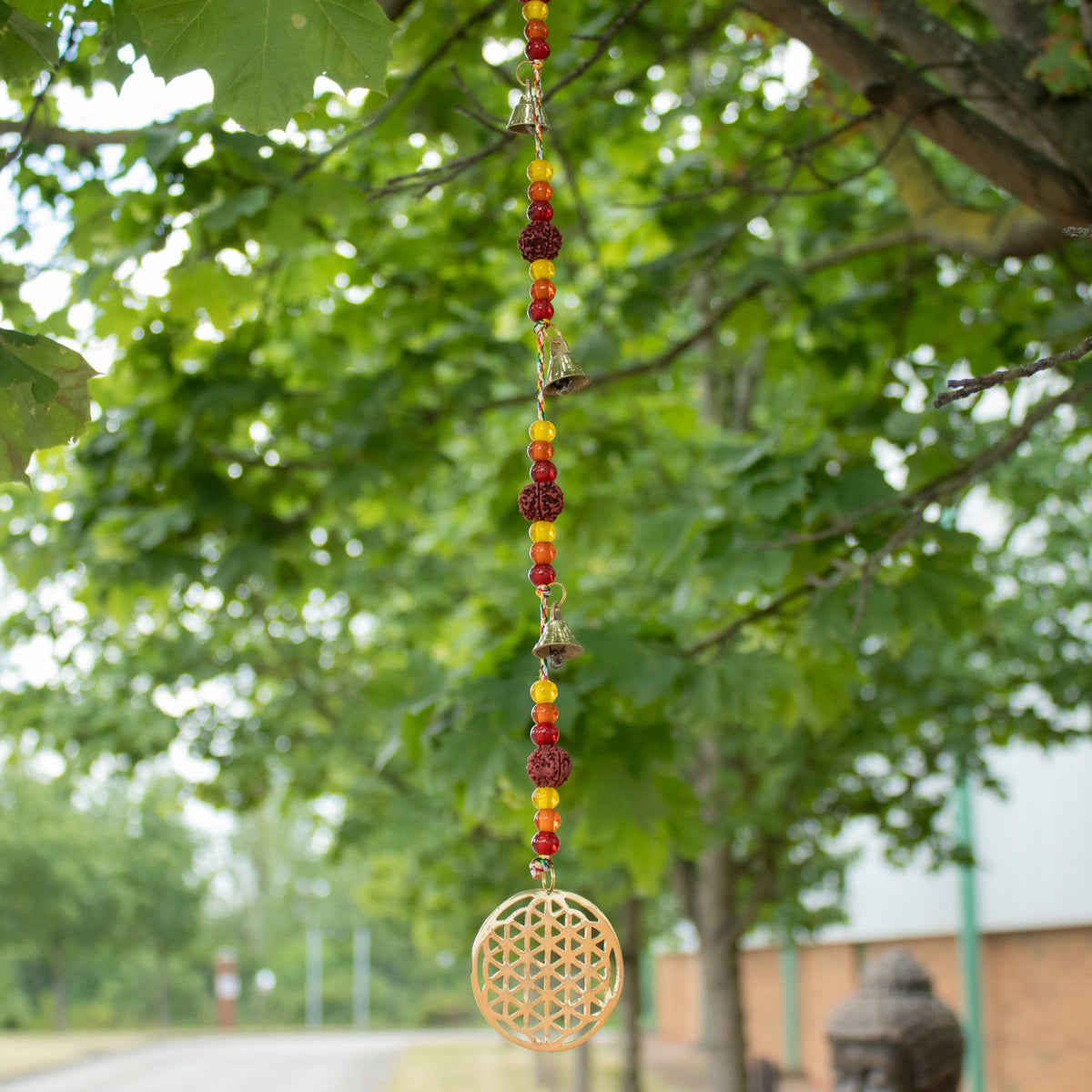 Brass Flower of Life Wind Chime with Rudraksha Beads, 63cm – view 3