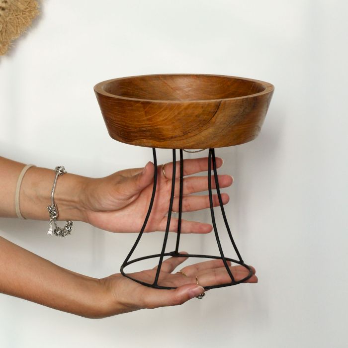 Set of 3 Elevated Teak Bowls on Metal Stands – view 5