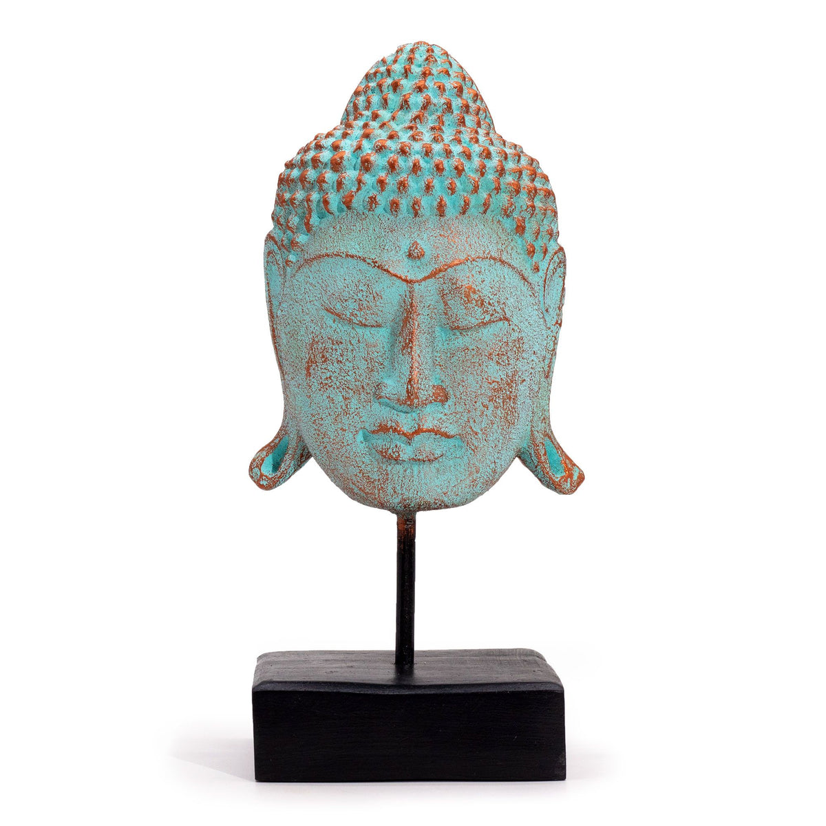 Large Buddha Head Statue on Stand, Green Copper – view 2