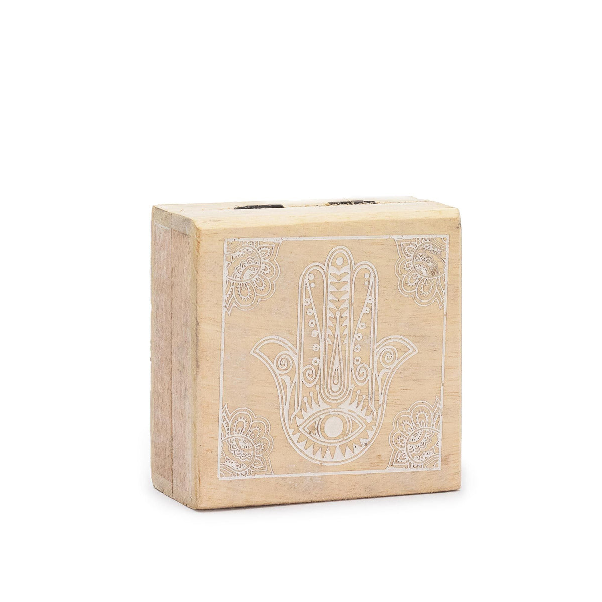 Mango Wood Small Square Box, Hamsa Whitewash