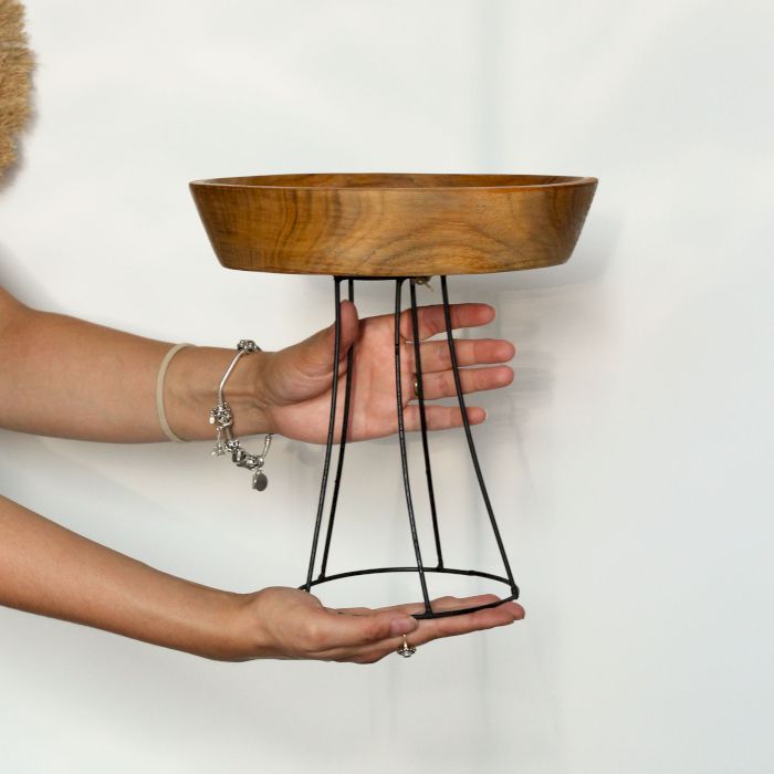 Set of 3 Elevated Teak Bowls on Metal Stands – view 6