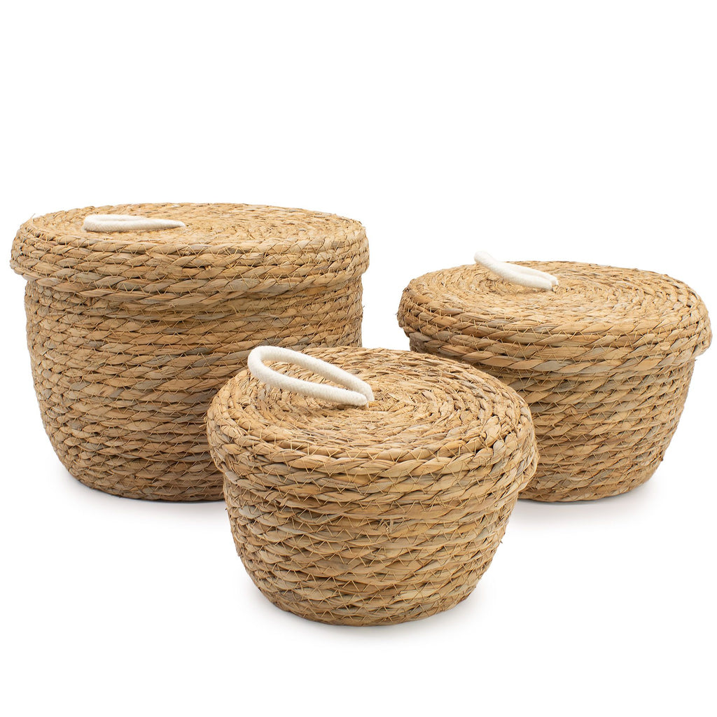 Seagrass Round Baskets with Lids, Set of 3
