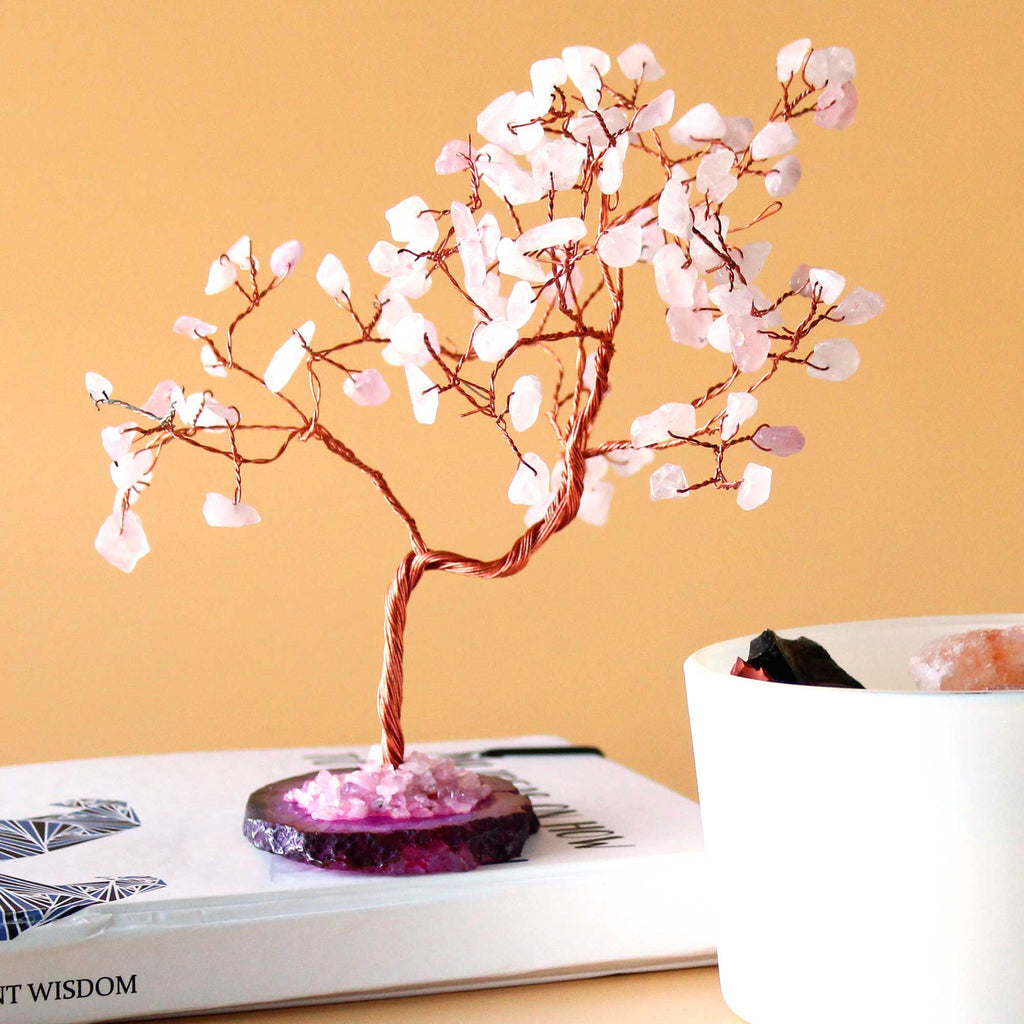 Large Rose Quartz Gemstone Tree on Pink Agate Base – view 2
