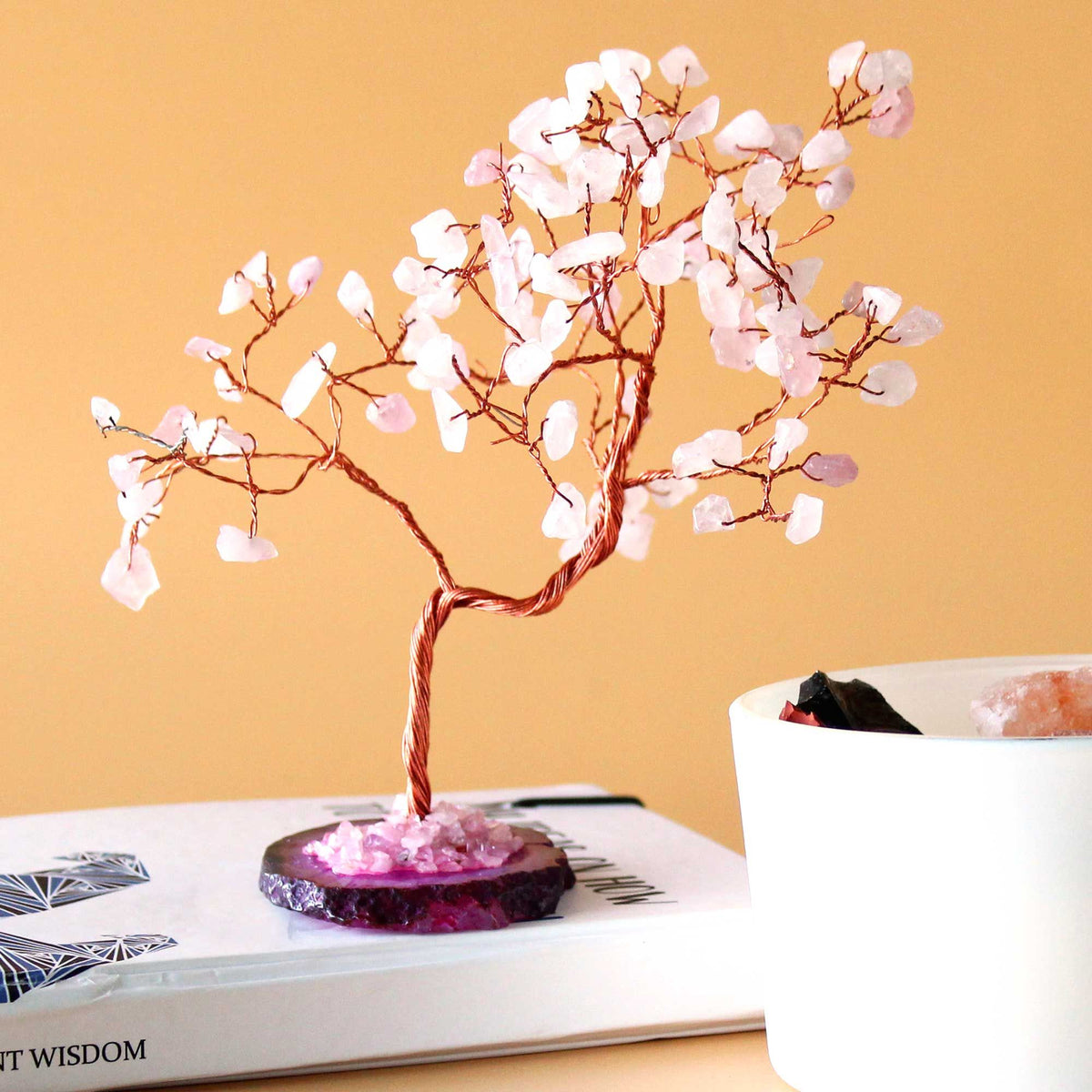 Large Rose Quartz Gemstone Tree on Pink Agate Base – view 2