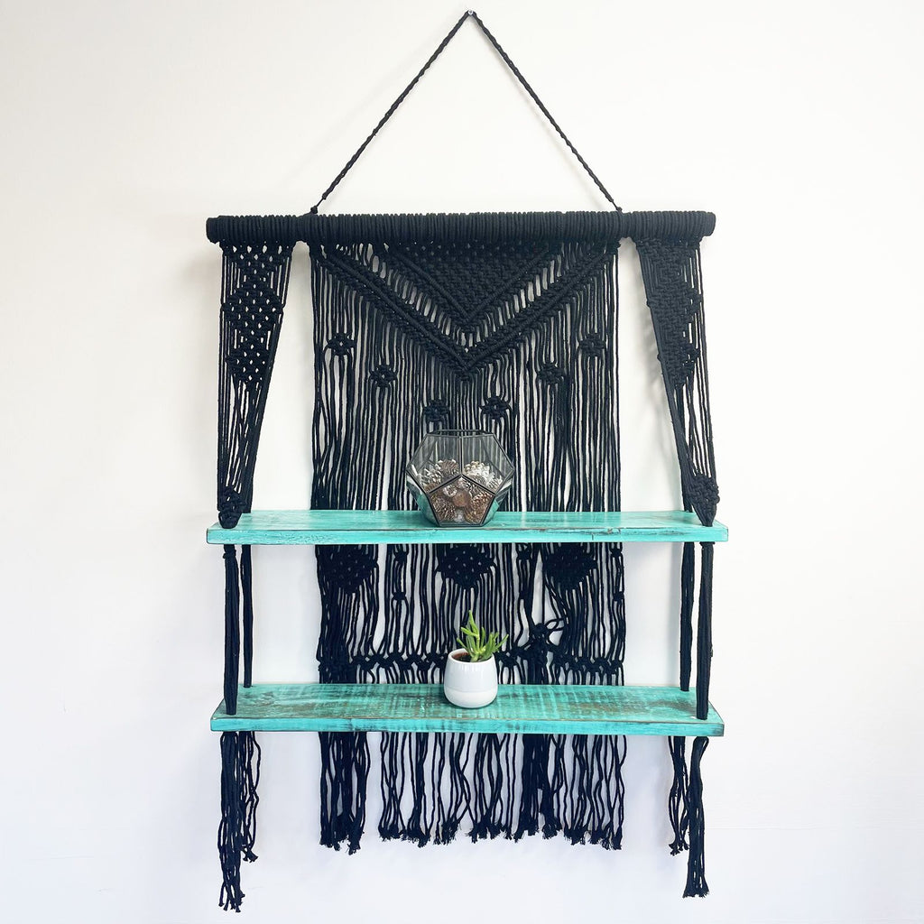 Macrame Hanging Shelf - Black Wood, Turquoise Rope, 150 cm – view 3