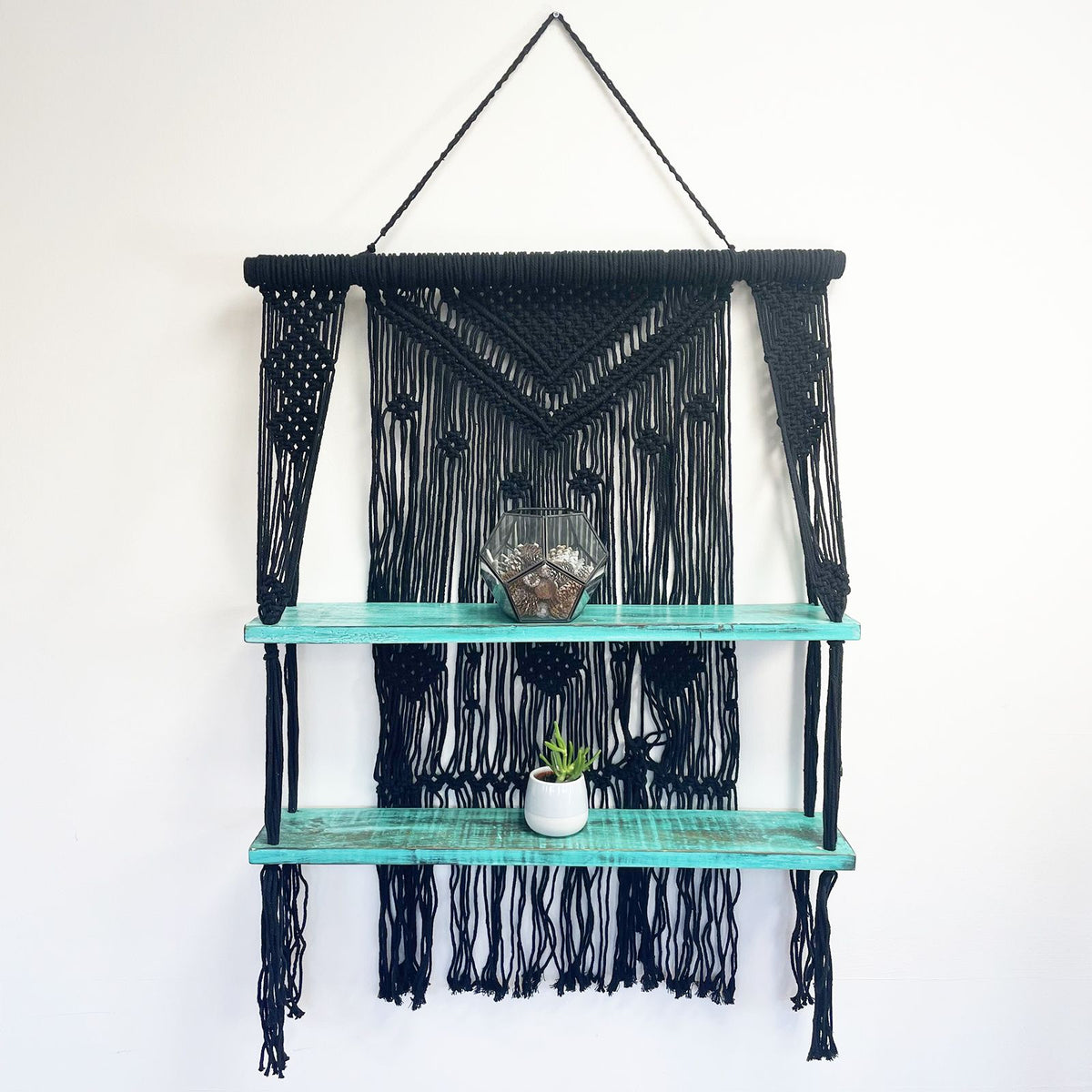 Macrame Hanging Shelf - Black Wood, Turquoise Rope, 150 cm – view 3