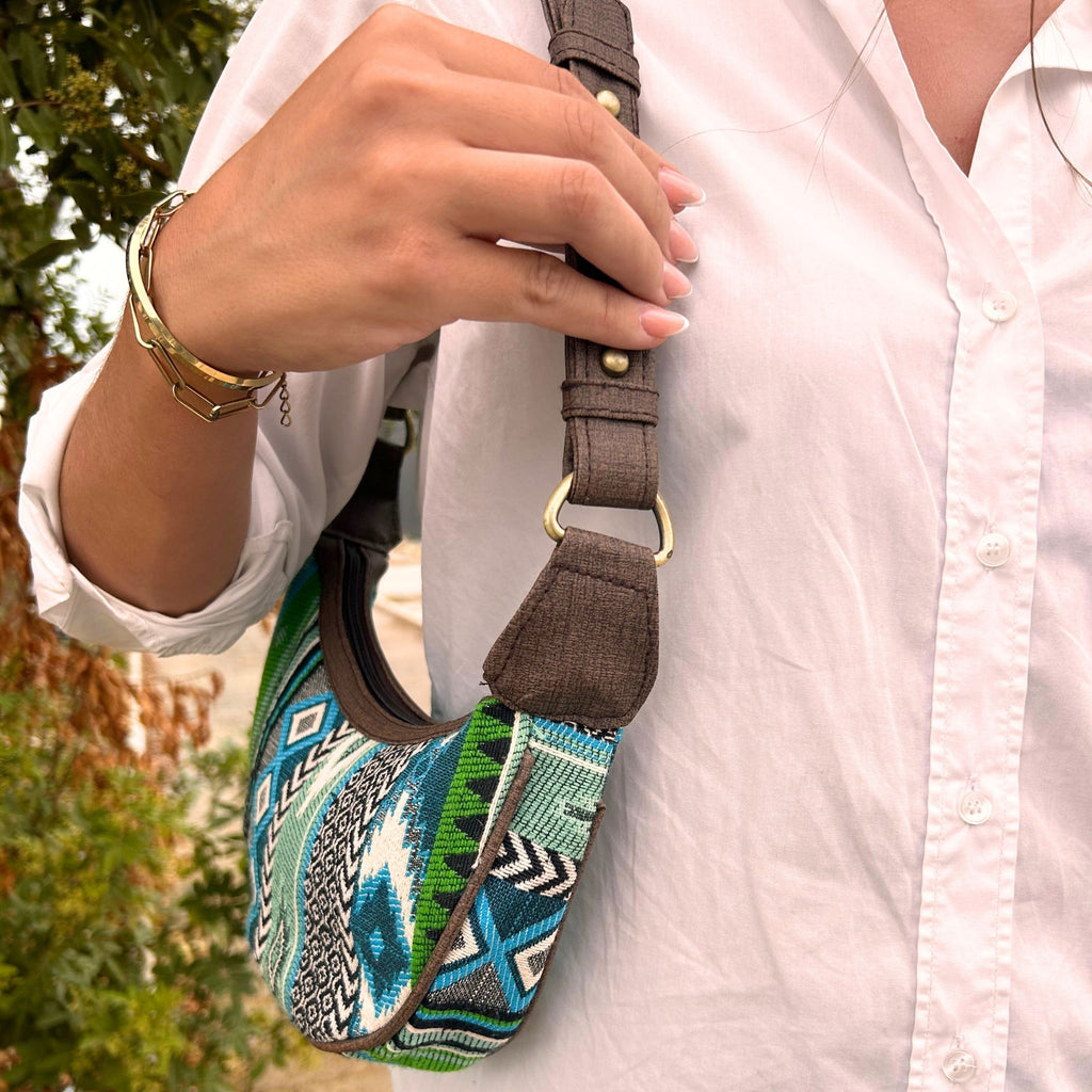Jacquard Hobo Bag - Bold Greens, Brown Strap
