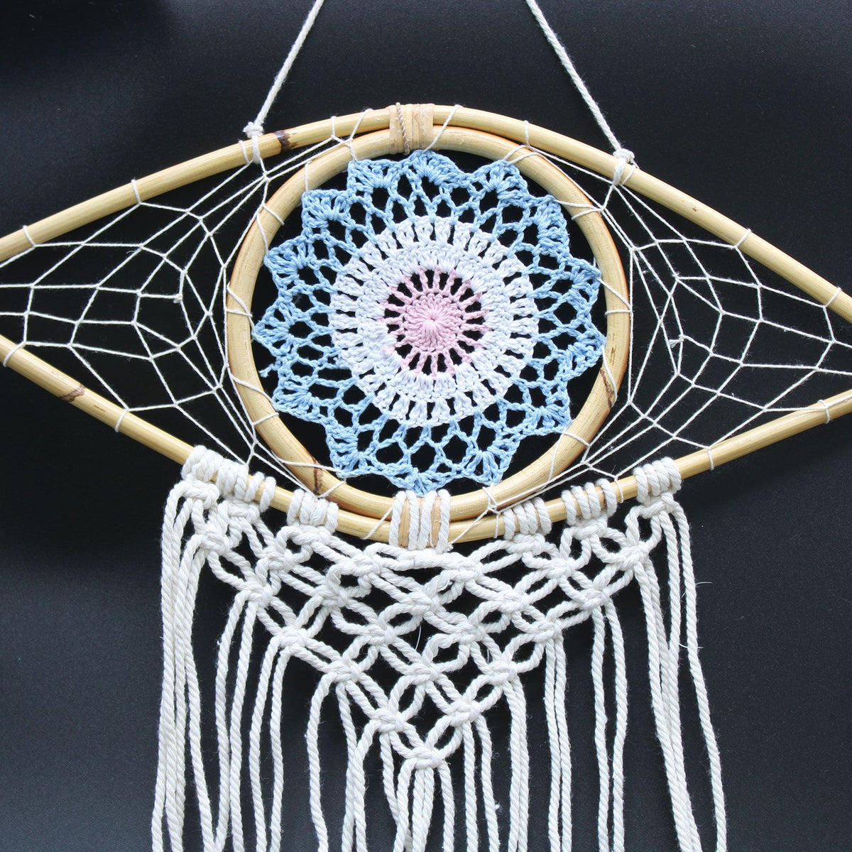 Medium Macrame Eye Dream Catcher - Blue, White & Pink – view 4