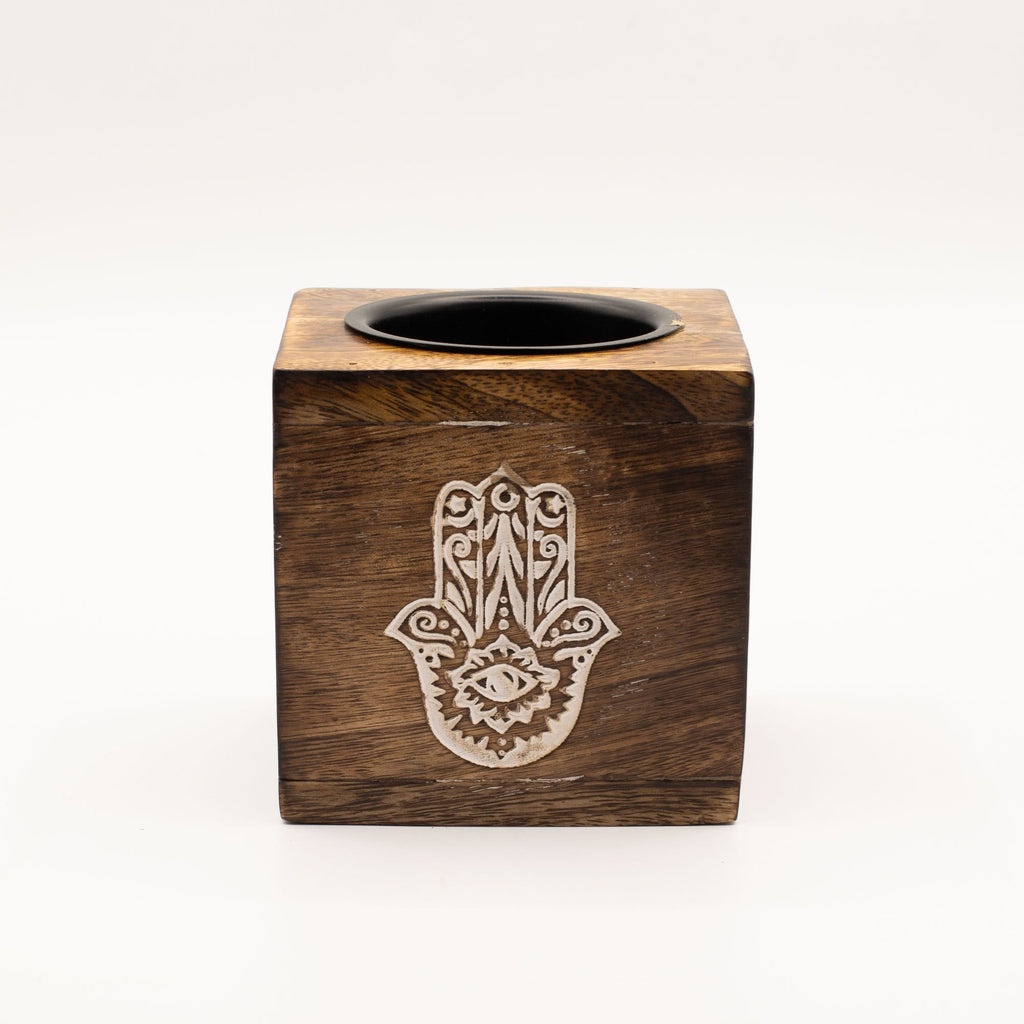 Square Mango Wood Oil Burner - Hamsa – view 4