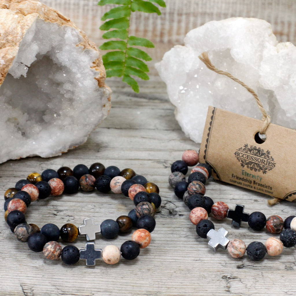 Eternity Friendship Bracelet Set - Leopard Skin Jasper & Lava Stone – view 5