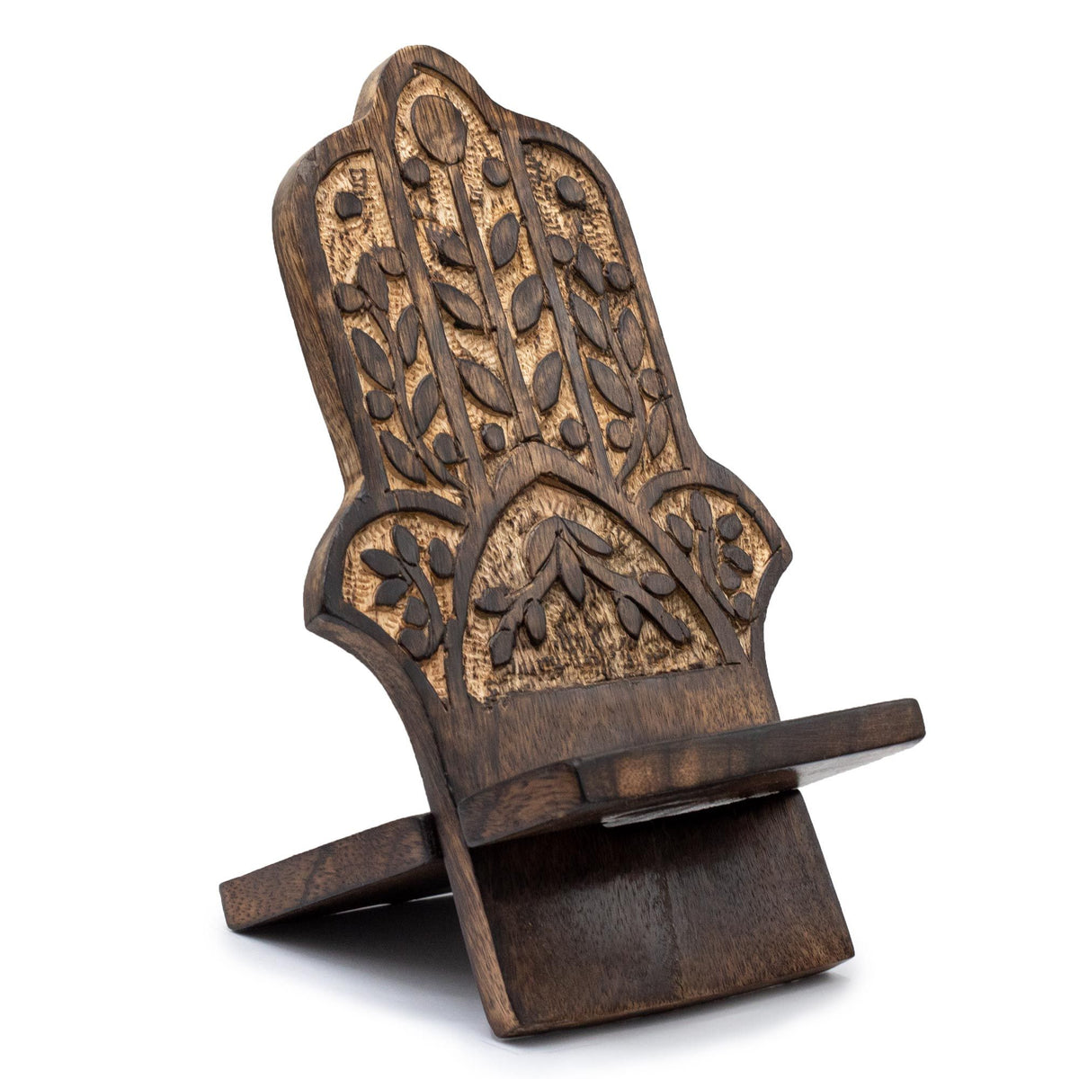 Mango Wood Carved Phone Stand - Hamsa