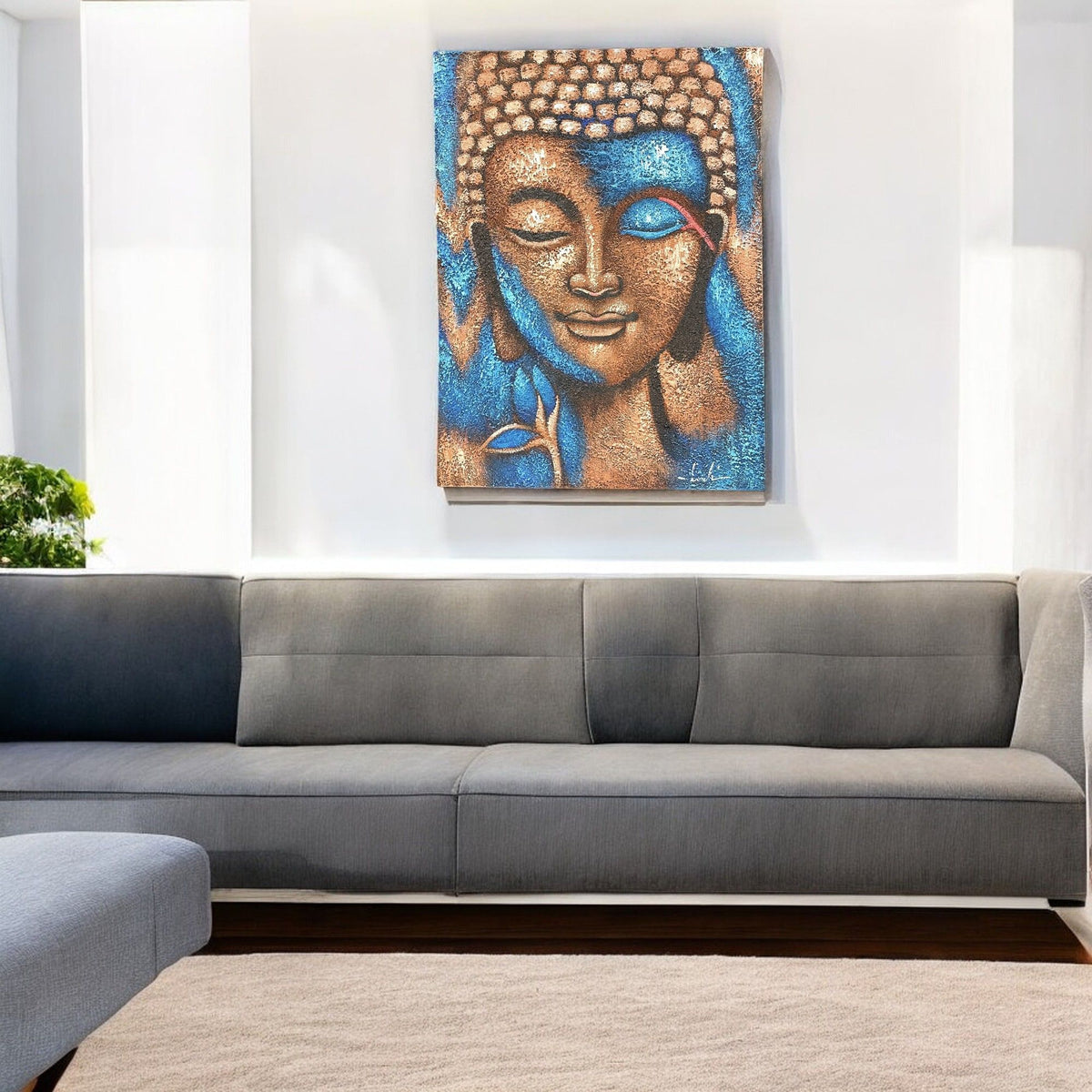 Buddha Painting, Bronze & Blue Flower - 75 x 55cm – view 3
