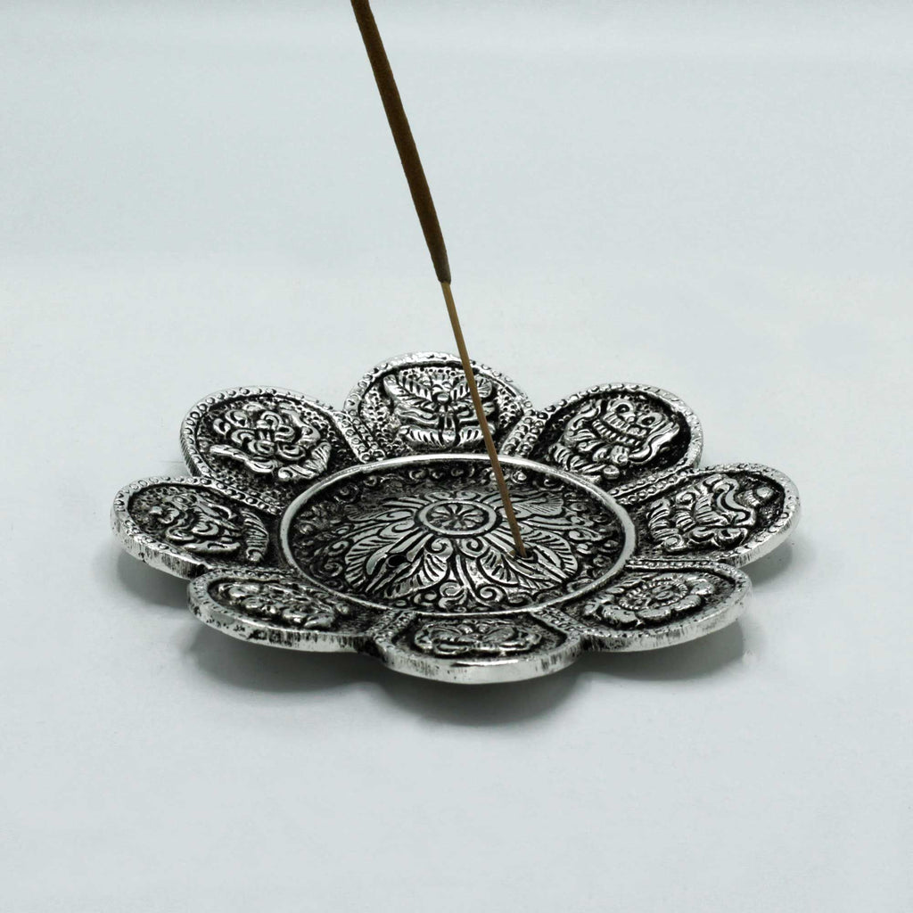 Polished Aluminium Tibetan Symbols Incense Holder 12cm – view 2