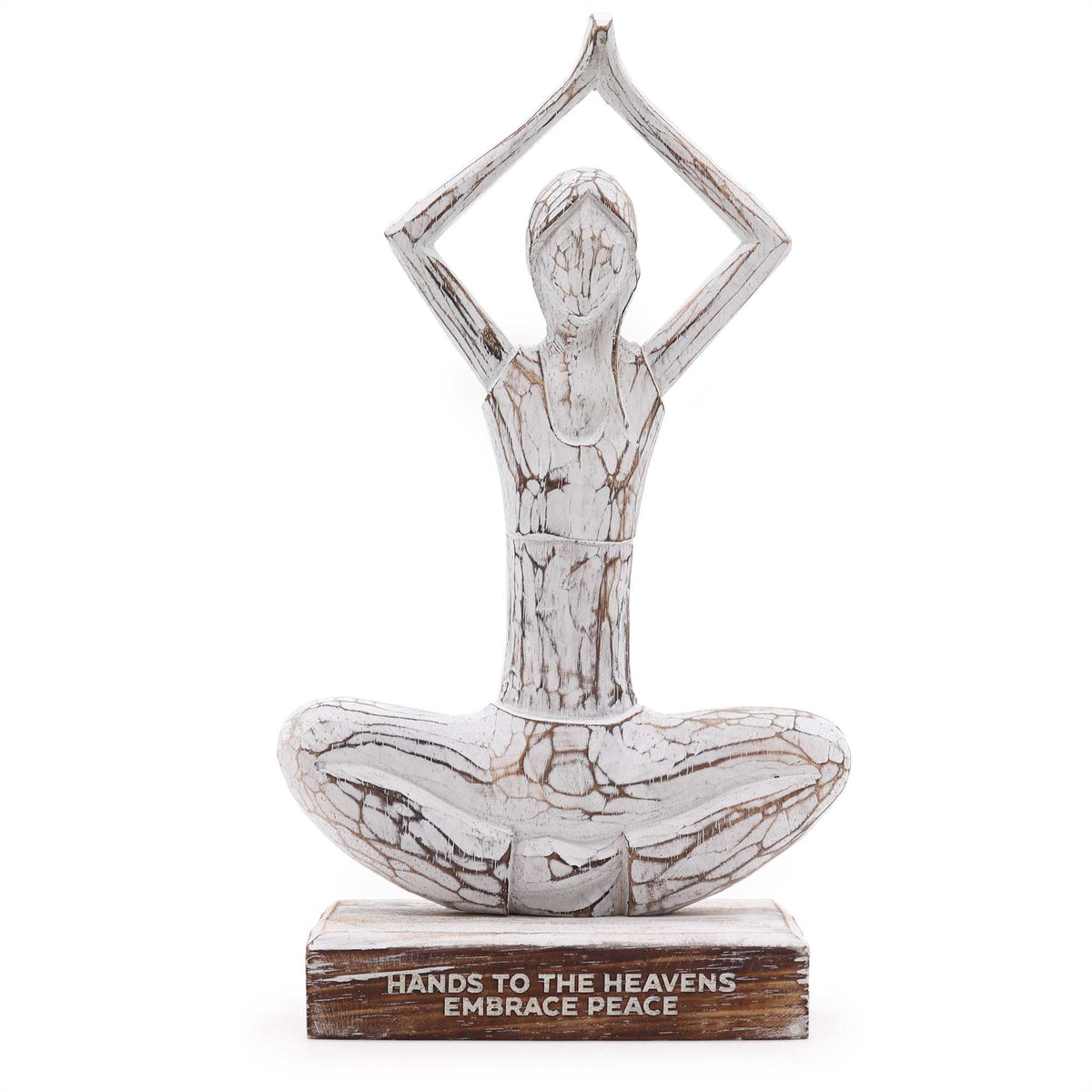 Wooden Yoga Lady Statue - Hands Up Pose, Whitewash Finish
