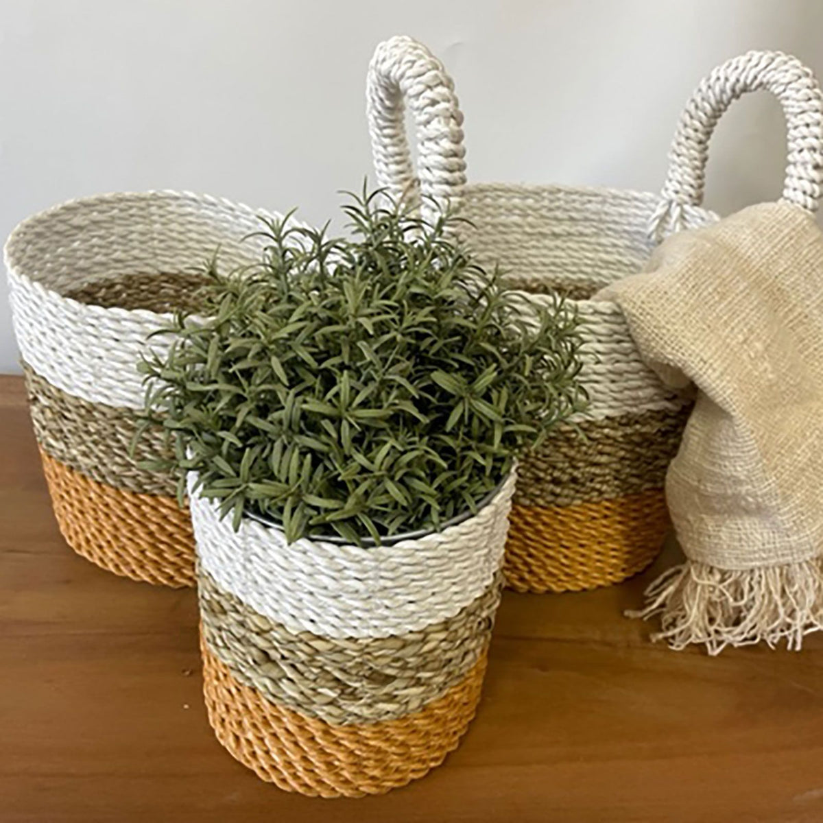 Seagrass Basket Set, 3 Pieces - Orange, Natural, White – view 5