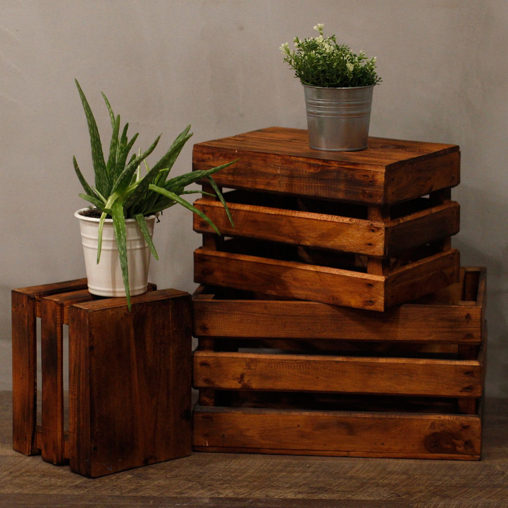 Set of 3 Wooden Storage Boxes - Brown