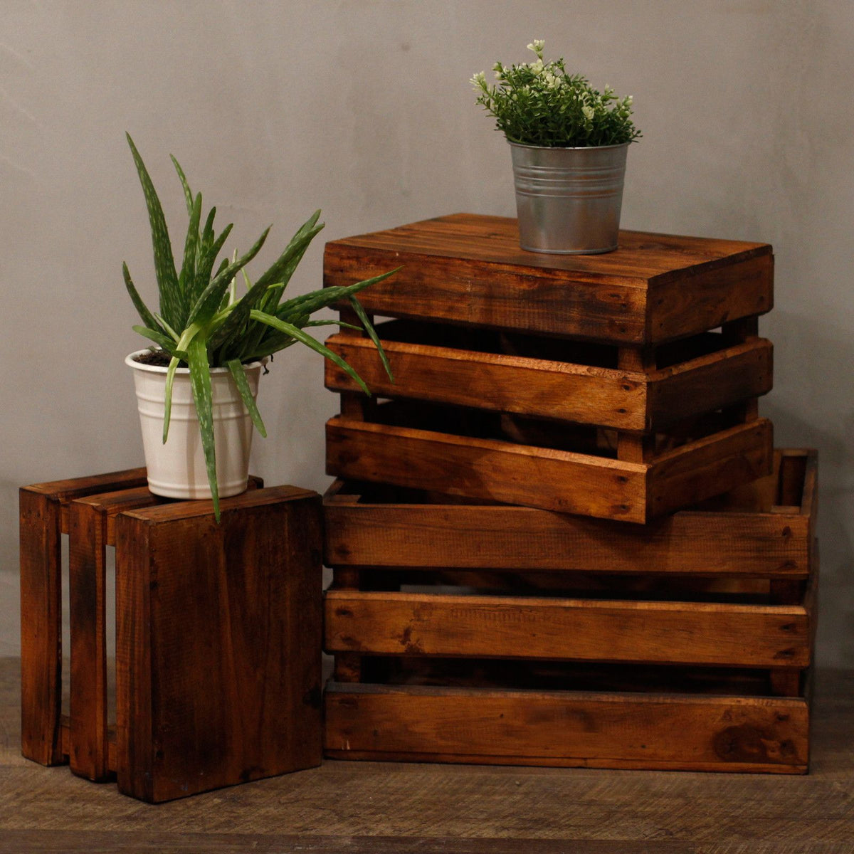 Set of 3 Wooden Storage Boxes - Brown