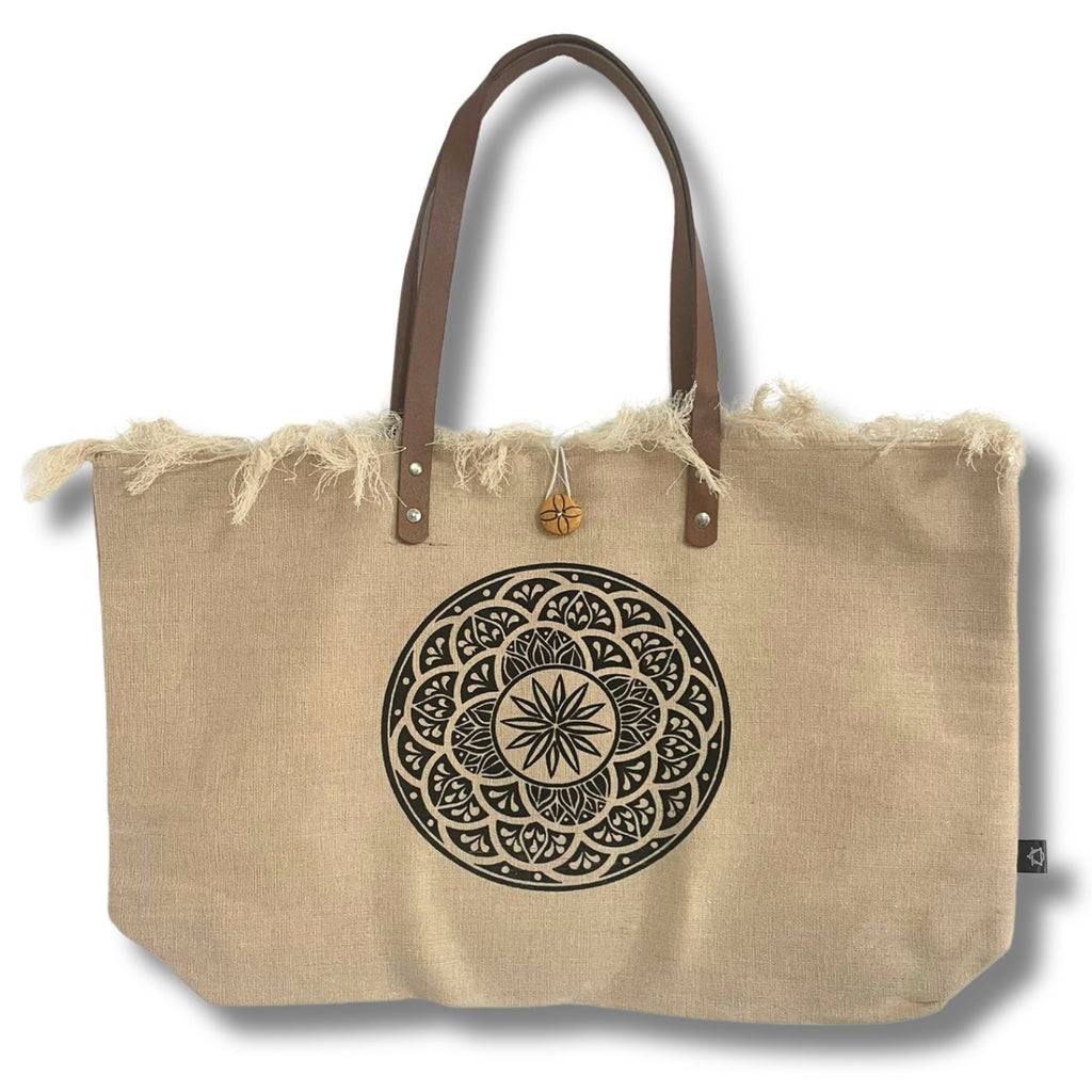 Natural Cotton Tote Bag with Leather Handle - Mandala – view 3