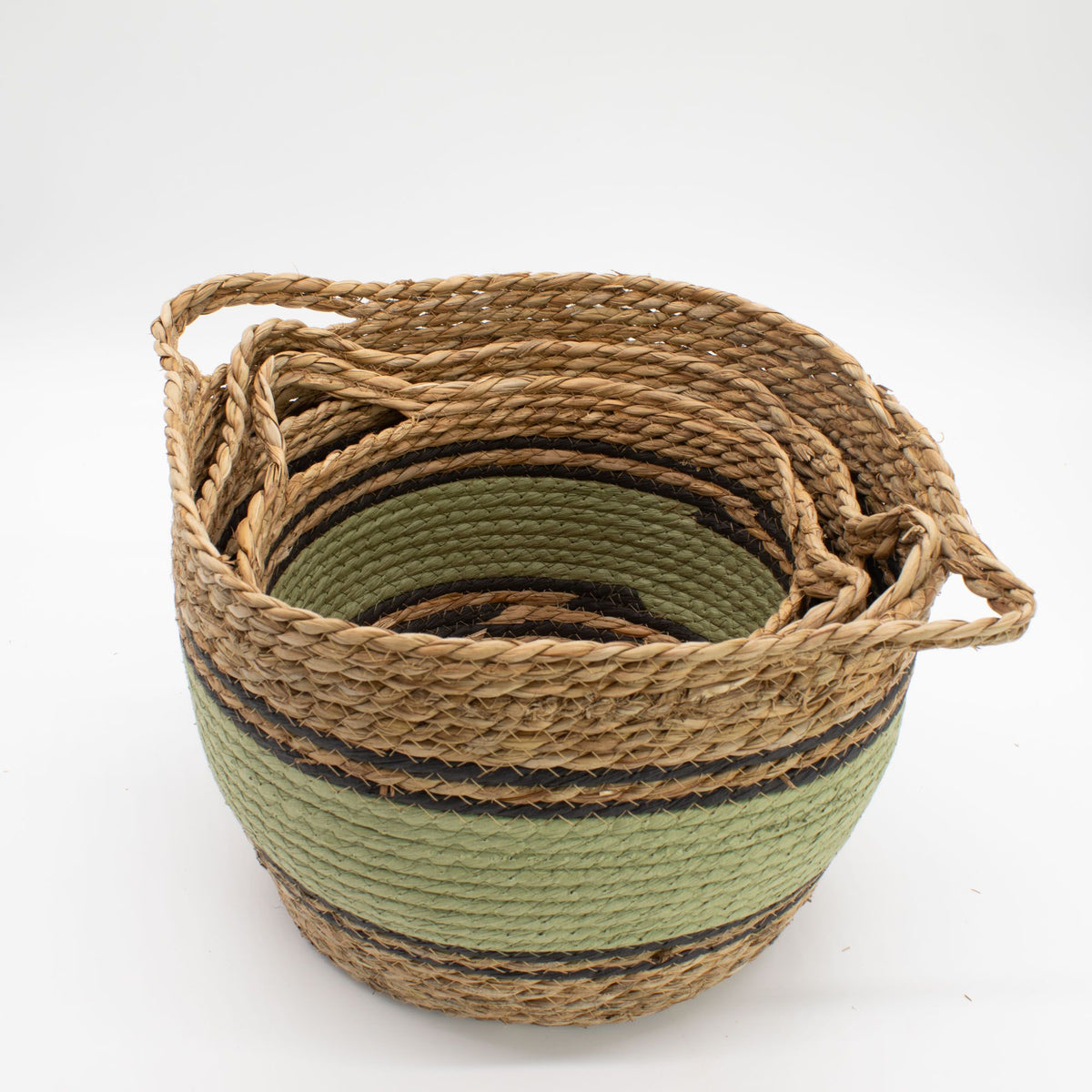Cotton & Seagrass Baskets, Black and Green, Set of 3