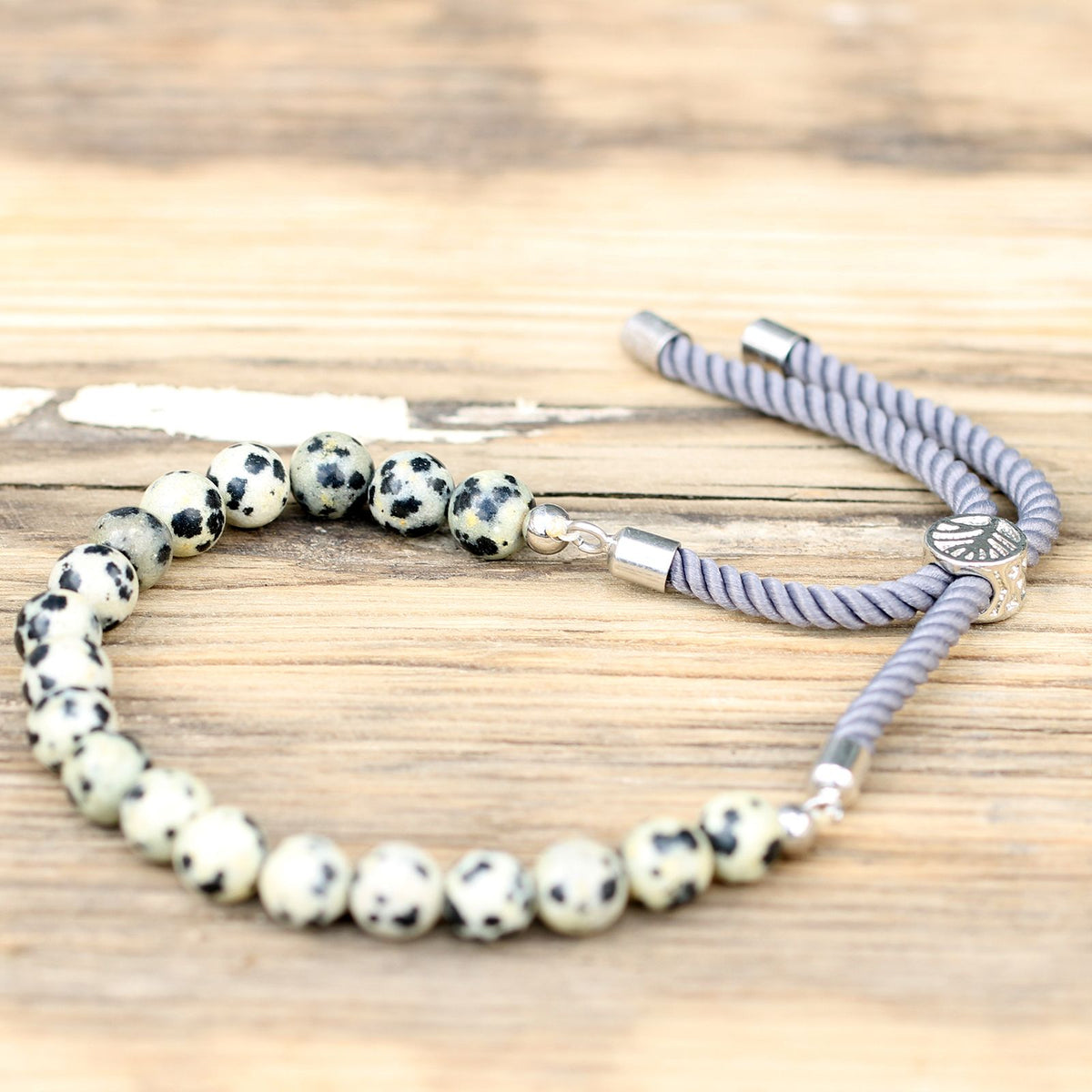 Dalmatian Jasper Gemstone Bead Bracelet on Charcoal Cord – view 3