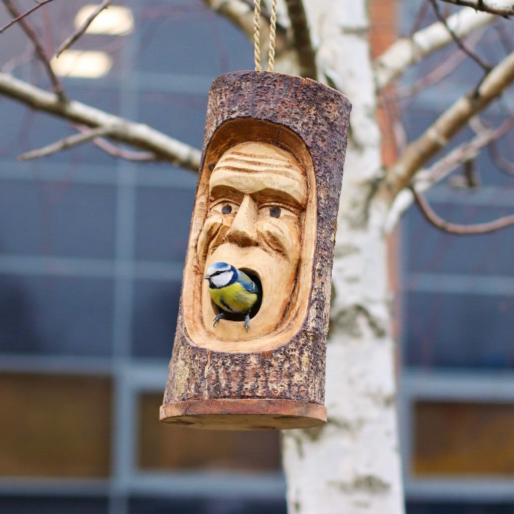 Carved Tree Trunk Birdhouse, Grumpy Old Man Face – view 4