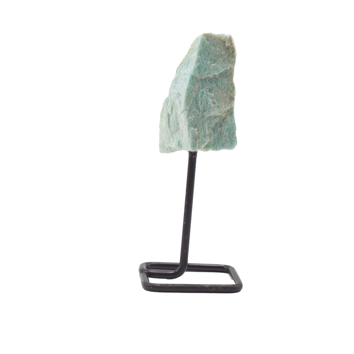 Amazonite Mineral Specimen on Black Metal Stand – view 2