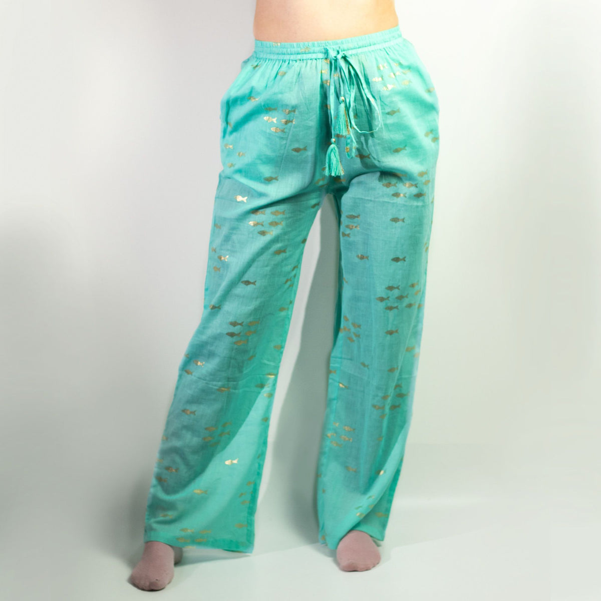 Nomad Sari Cotton Lounge Pants - Turquoise & Gold Fish Design