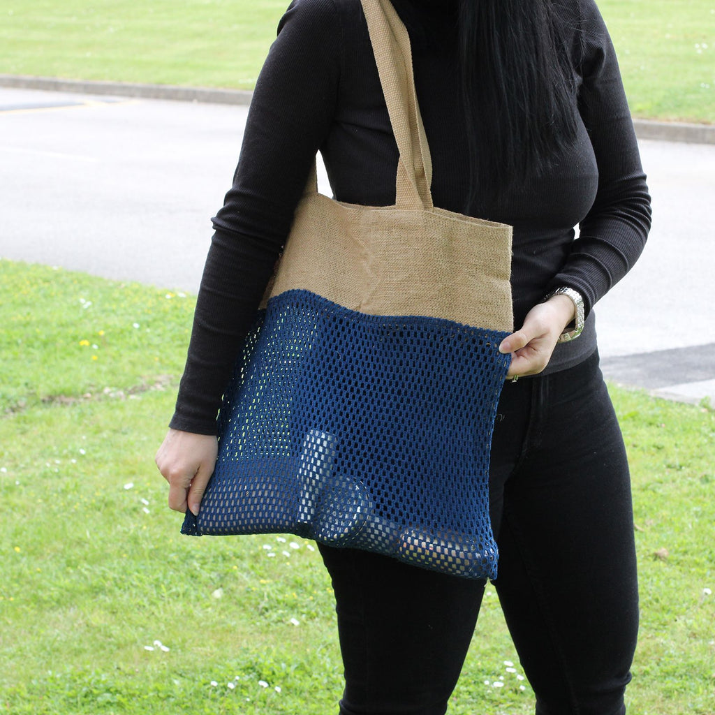 Cotton and Jute Mesh Shopping Bag, Denim – view 3