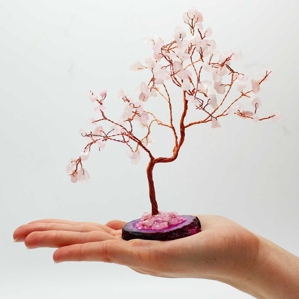 Large Rose Quartz Gemstone Tree on Pink Agate Base