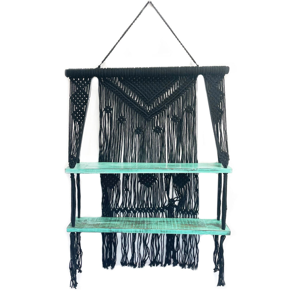 Macrame Hanging Shelf - Black Wood, Turquoise Rope, 150 cm – view 2