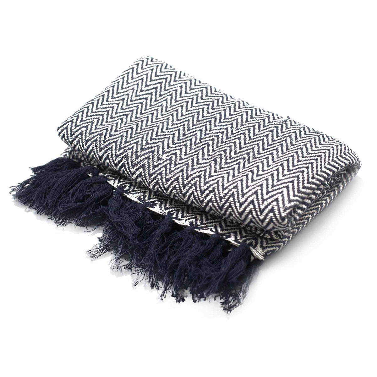 Navy Zigzag Cotton Throw with Tassels – 125 x 150 cm – view 2