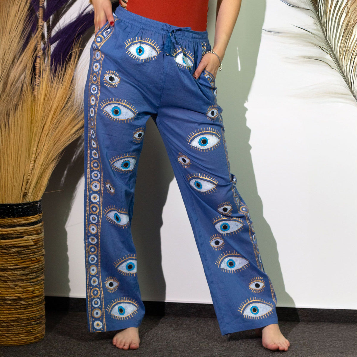Nomad Sari Hand-Painted Lounge Pants - Rich Blue Evil Eye M/L – view 6
