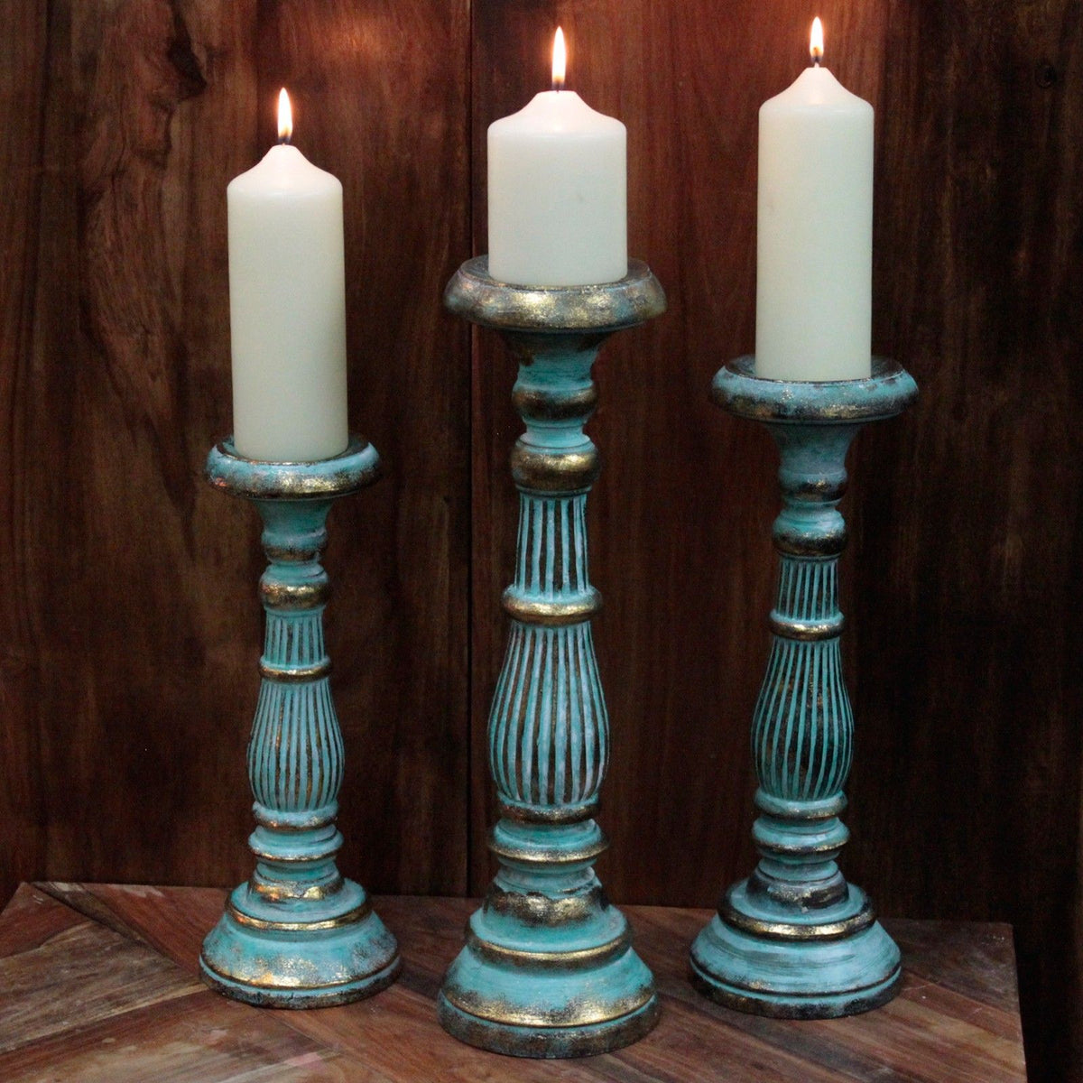 Medium Wooden Candle Stand - Turquoise & Gold, 34cm – view 2