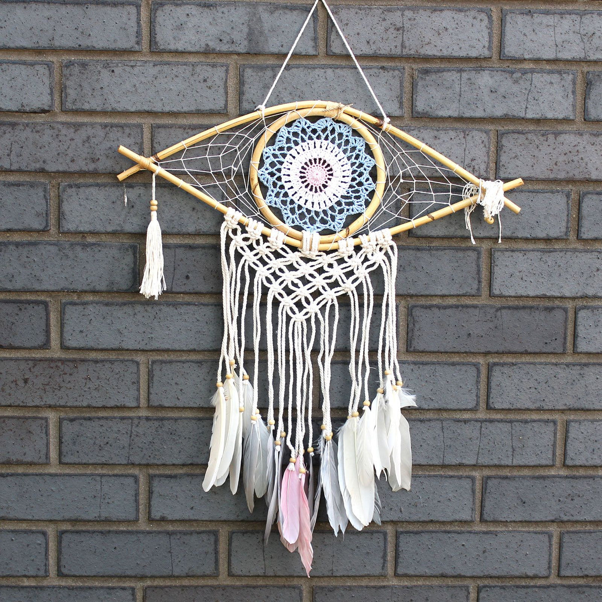 Medium Macrame Eye Dream Catcher - Blue, White & Pink – view 3