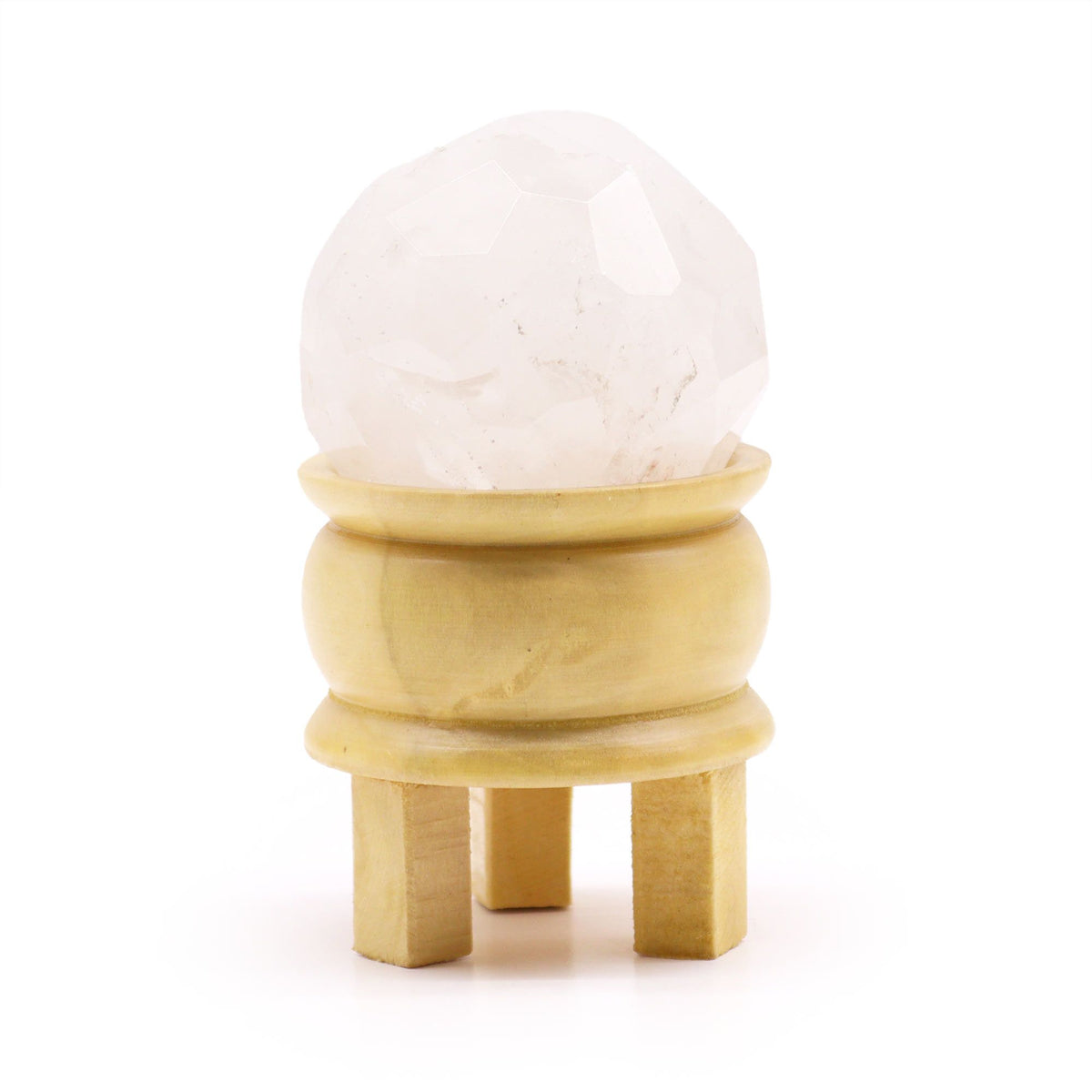 Faceted Clear Quartz Healing Ball with Wooden Stand – view 4