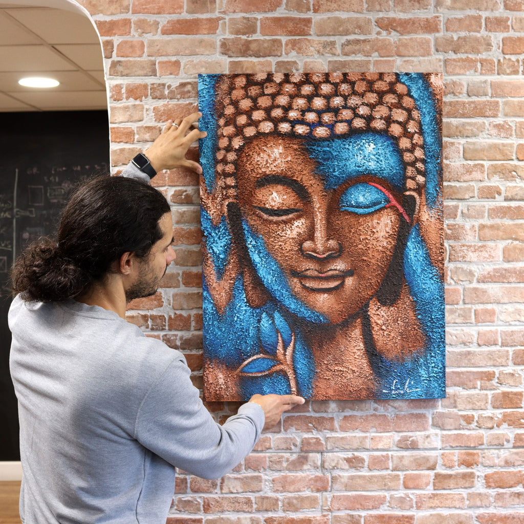 Buddha Painting, Bronze & Blue Flower - 75 x 55cm – view 2