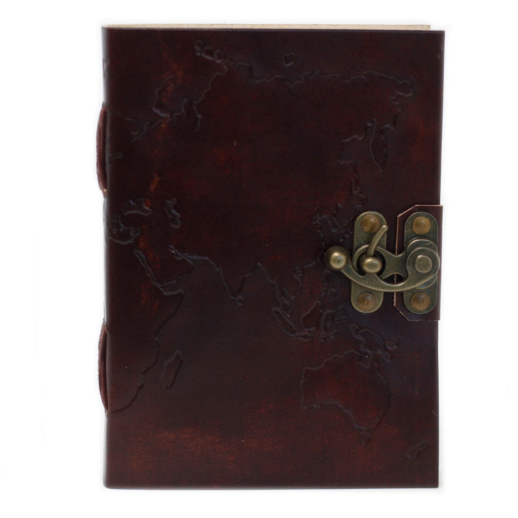 Leather World Map Notebook, Stitched – 13x17.5 cm