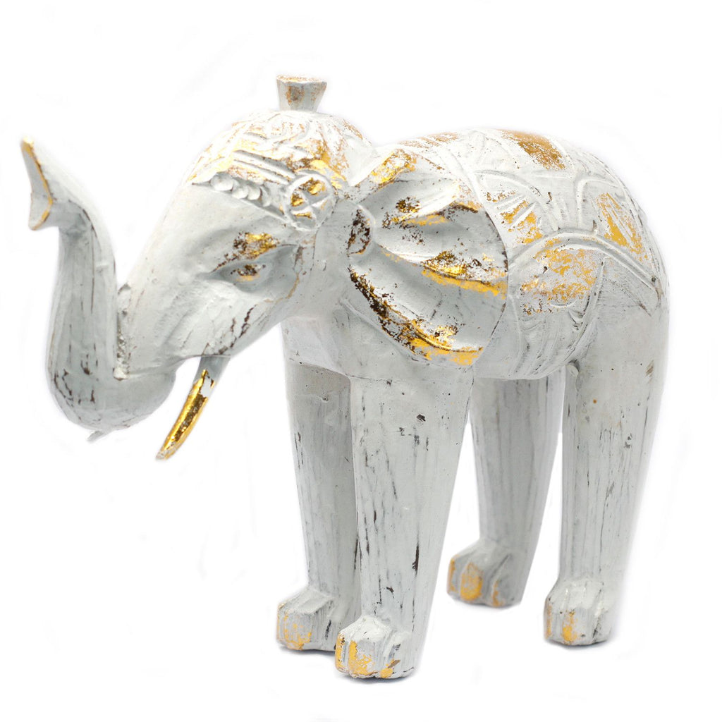 Carved Wood Elephant Statue, White and Gold
