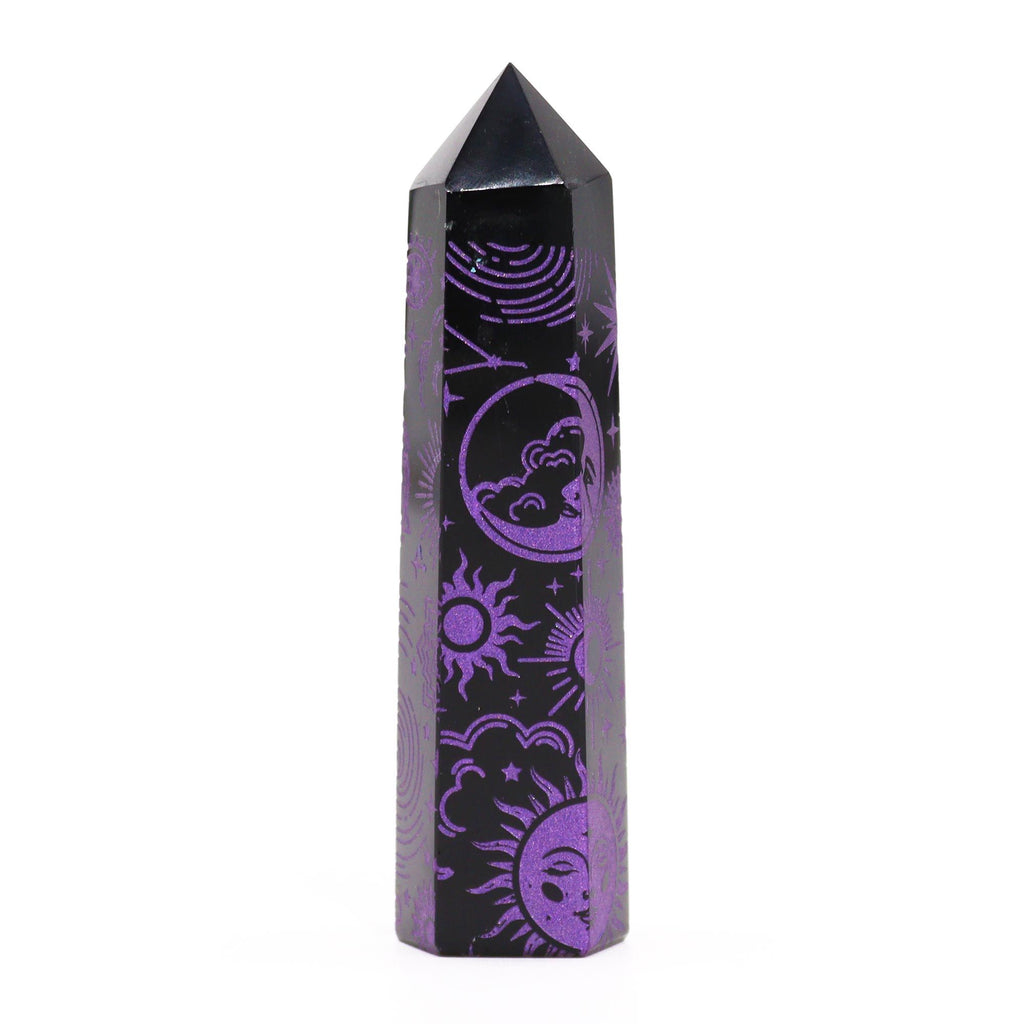 Engraved Black Obsidian Point - Deep Purple Celestial Symbols – view 4