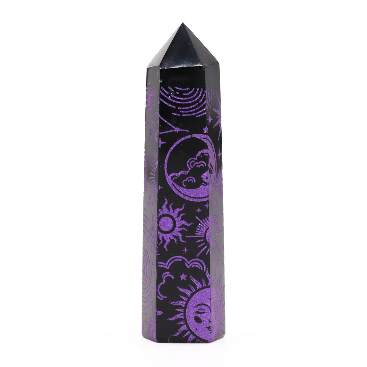 Engraved Black Obsidian Point - Deep Purple Celestial Symbols – view 4