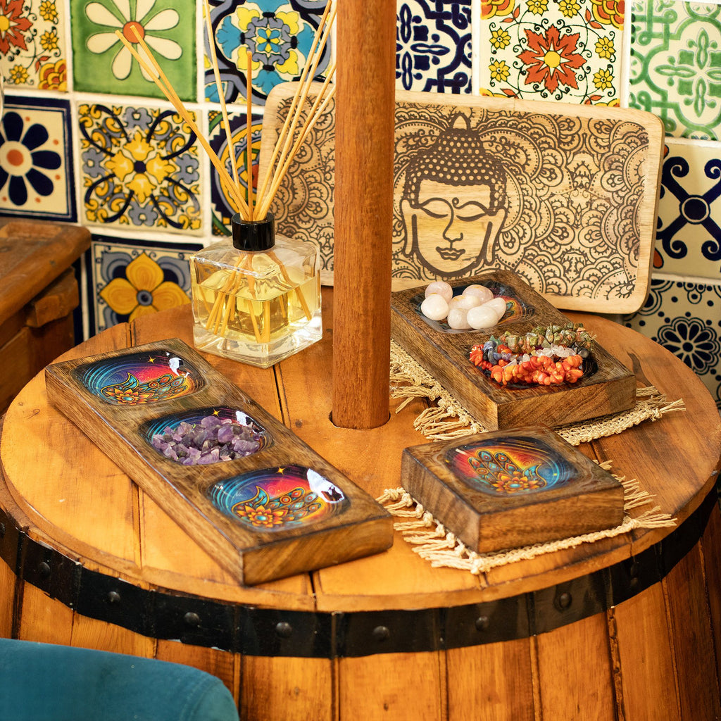 Mango Wood Enamelled Tray Set, Hamsa Design, Medium