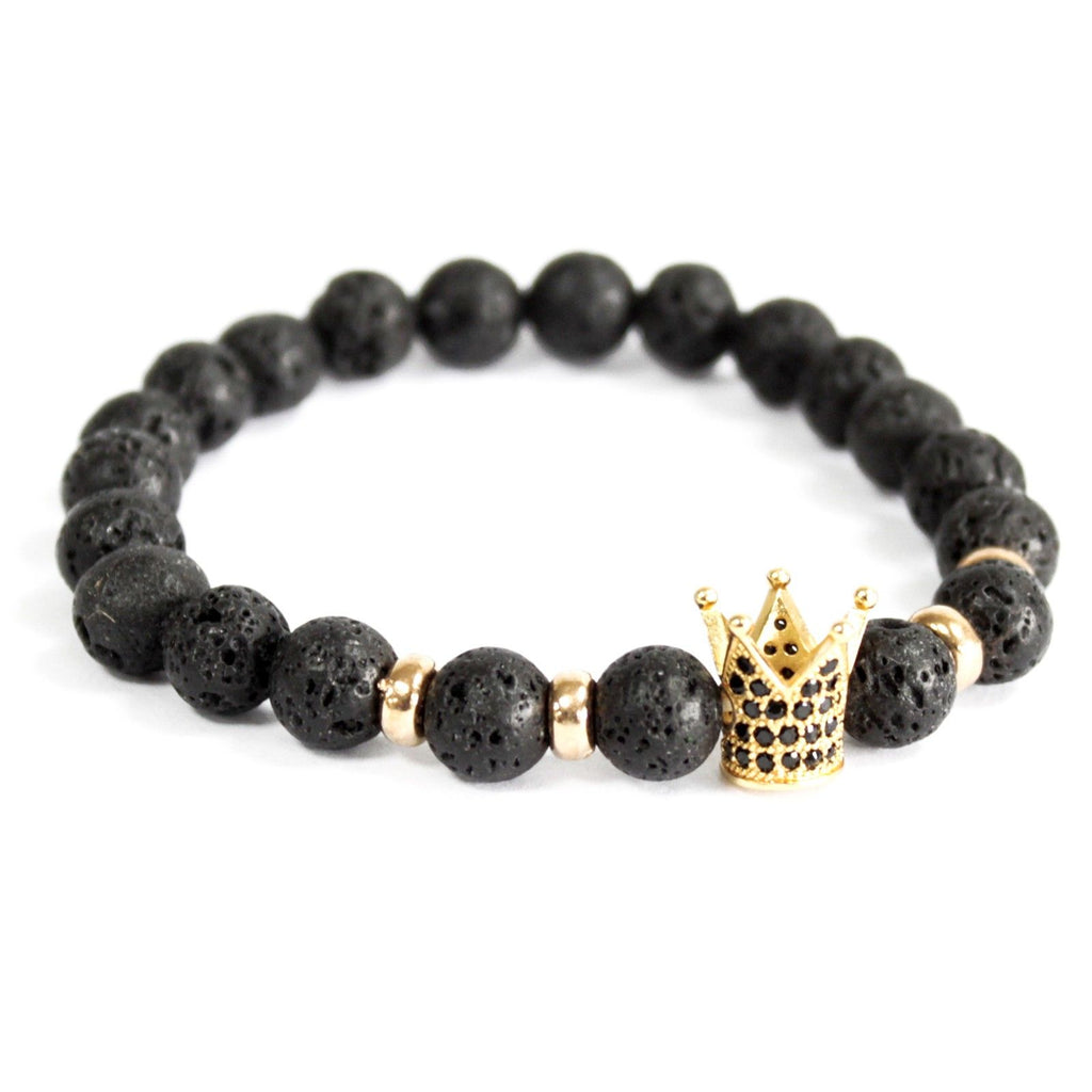 Lava Stone Bracelet with Gold Crown Charm