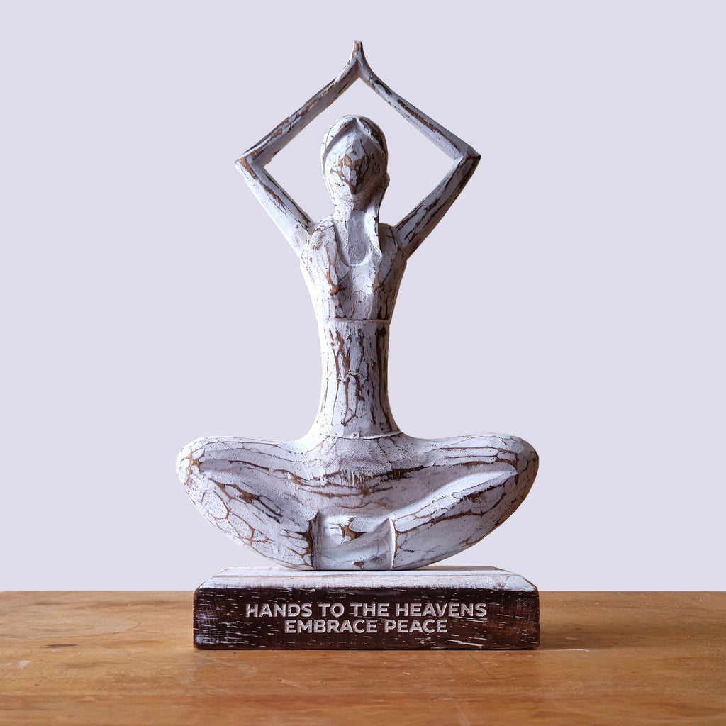 Wooden Yoga Lady Statue - Hands Up Pose, Whitewash Finish – view 3