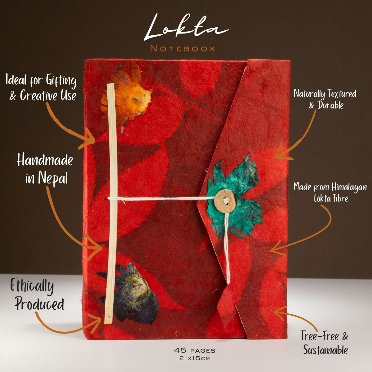 Lokta Bold Floral Notebook – Large – Ruby – view 2